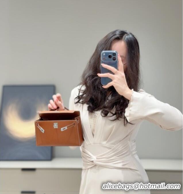 Luxury Cheap Hermes Kelly Pochette Swift Bag 22cm in Cow Leather 0414 Brown/Silver 2026 (Half Handmade)