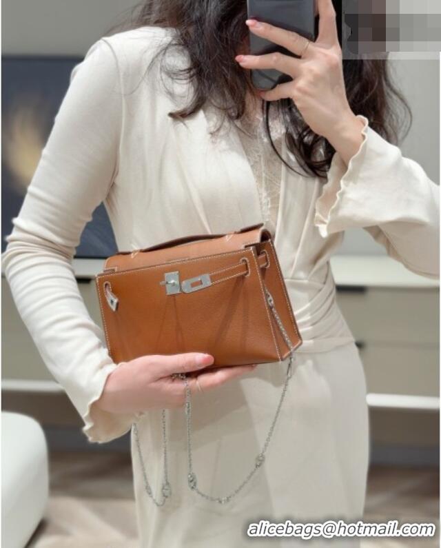 Luxury Cheap Hermes Kelly Pochette Swift Bag 22cm in Cow Leather 0414 Brown/Silver 2026 (Half Handmade)