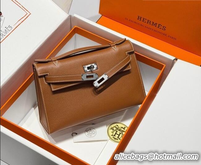 Luxury Cheap Hermes Kelly Pochette Swift Bag 22cm in Cow Leather 0414 Brown/Silver 2026 (Half Handmade)