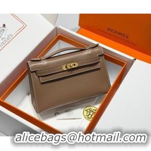 Shop Discount Hermes Kelly Pochette Swift Bag 22cm in Cow Leather 0414 Elephant Grey/Gold 2026 (Half Handmade)