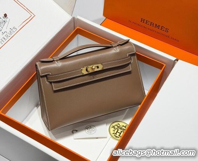Shop Discount Hermes Kelly Pochette Swift Bag 22cm in Cow Leather 0414 Elephant Grey/Gold 2026 (Half Handmade)