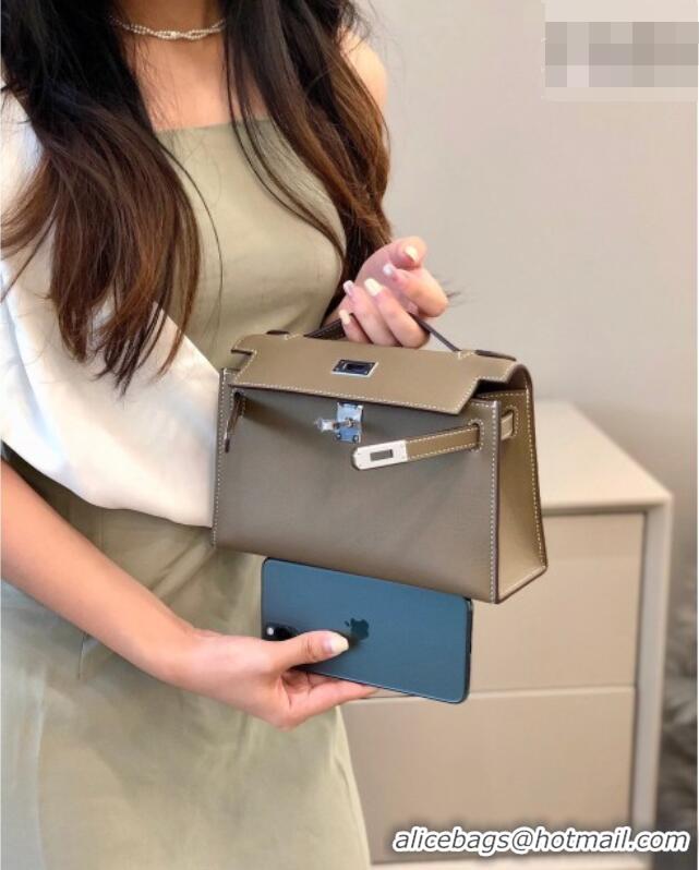 Shop Discount Hermes Kelly Pochette Swift Bag 22cm in Cow Leather 0414 Elephant Grey/Gold 2026 (Half Handmade)