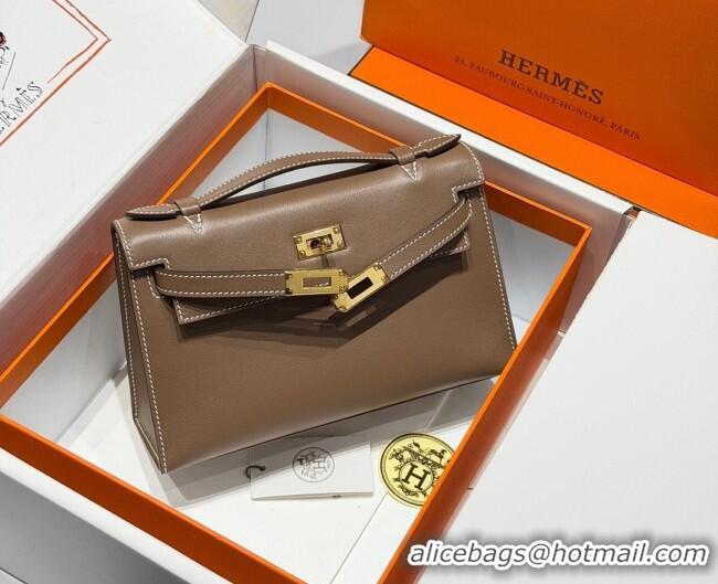 Shop Discount Hermes Kelly Pochette Swift Bag 22cm in Cow Leather 0414 Elephant Grey/Gold 2026 (Half Handmade)