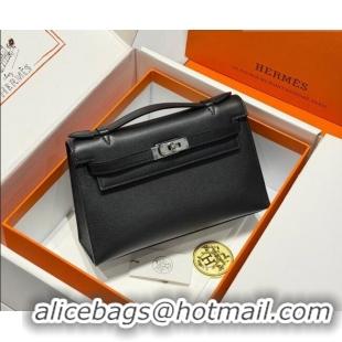 Grade Quality Hermes Kelly Pochette Swift Bag 22cm in Cow Leather 0414 Black/Silver 2026 (Half Handmade)