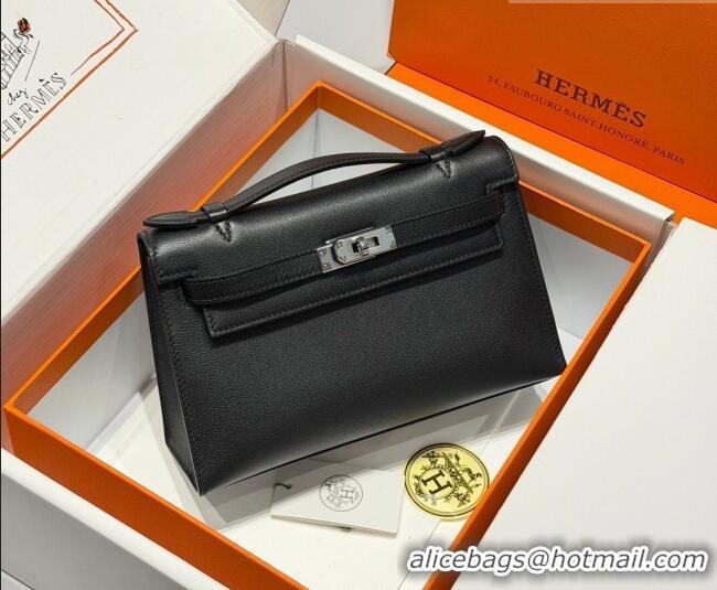 Grade Quality Hermes Kelly Pochette Swift Bag 22cm in Cow Leather 0414 Black/Silver 2026 (Half Handmade)