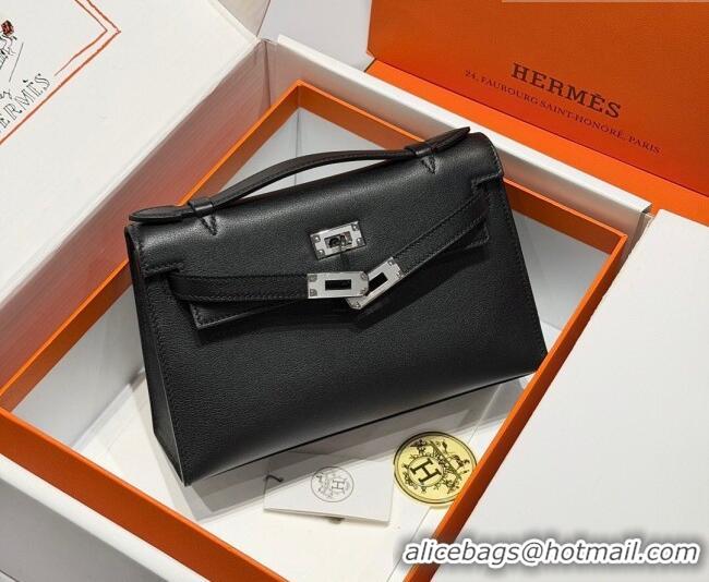 Grade Quality Hermes Kelly Pochette Swift Bag 22cm in Cow Leather 0414 Black/Silver 2026 (Half Handmade)