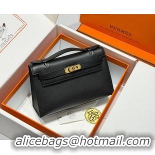 Top Design Hermes Kelly Pochette Swift Bag 22cm in Cow Leather 0414 Black/Gold 2026 (Half Handmade)