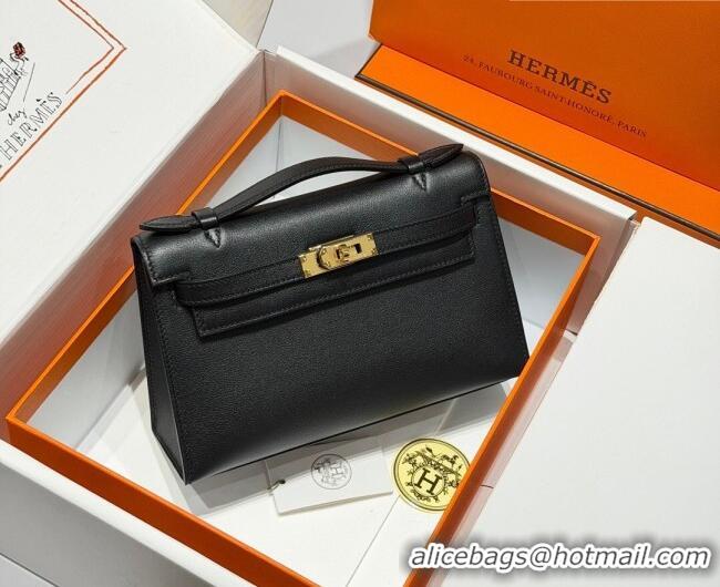 Top Design Hermes Kelly Pochette Swift Bag 22cm in Cow Leather 0414 Black/Gold 2026 (Half Handmade)