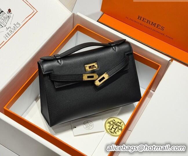 Top Design Hermes Kelly Pochette Swift Bag 22cm in Cow Leather 0414 Black/Gold 2026 (Half Handmade)