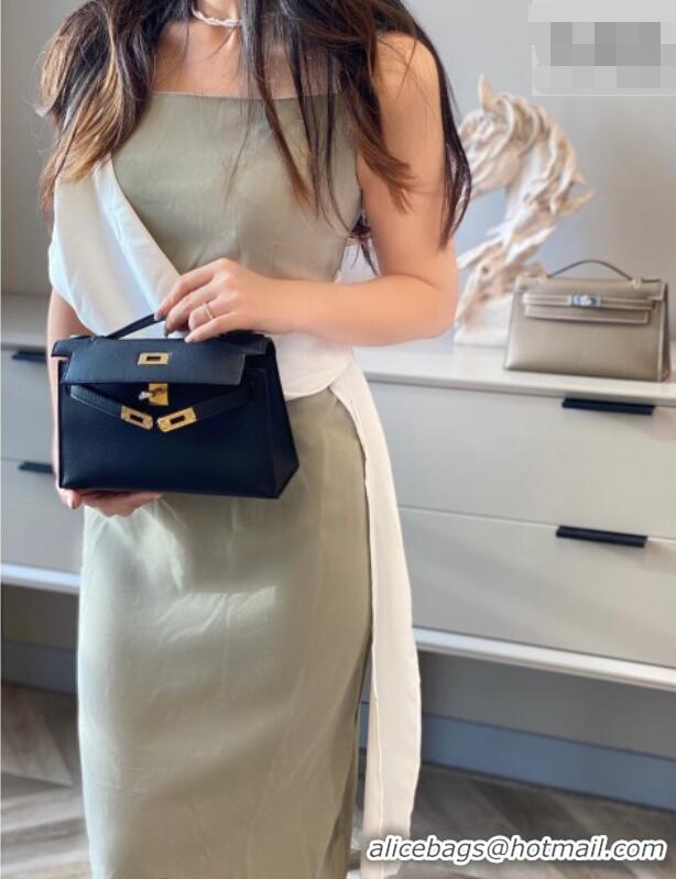 Top Design Hermes Kelly Pochette Swift Bag 22cm in Cow Leather 0414 Black/Gold 2026 (Half Handmade)