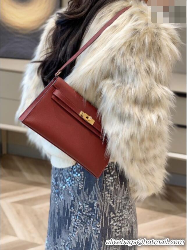 Buy Fashionable Hermes Kelly Elan Bag in Saffiano Cow Leather 4078 Burgundy/Gold 2026 (Half Handmade)