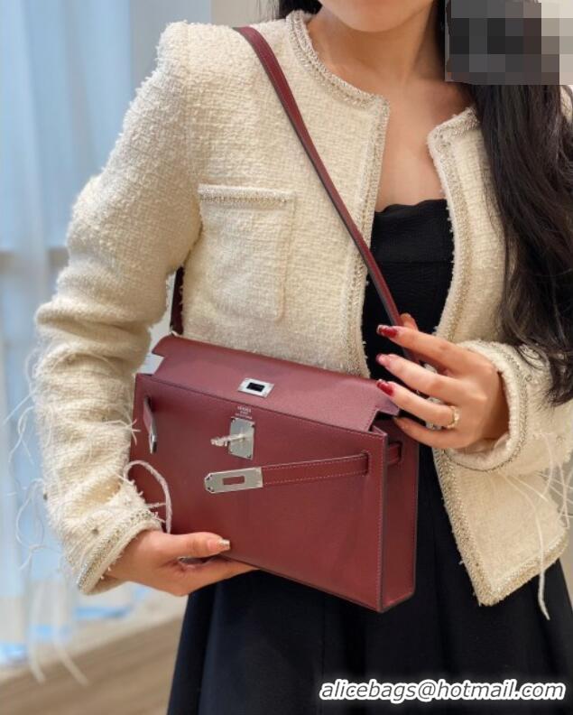 Cheapest Hermes Kelly Elan Bag in Saffiano Cow Leather 4078 Burgundy/Silver 2026 (Half Handmade)