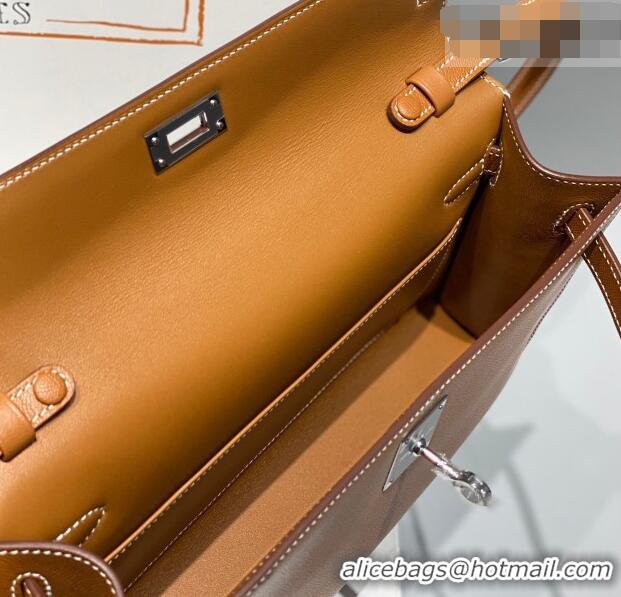 Inexpensive Hermes Kelly Elan Bag in Saffiano Cow Leather 4078 Brown/Silver 2026 (Half Handmade)