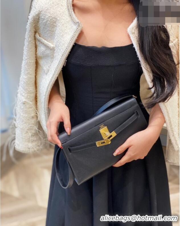 Luxury Cheap Hermes Kelly Elan Bag in Saffiano Cow Leather 4078 Black/Gold 2026 (Half Handmade)