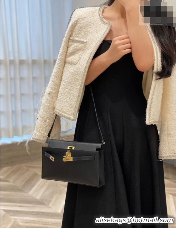 Luxury Cheap Hermes Kelly Elan Bag in Saffiano Cow Leather 4078 Black/Gold 2026 (Half Handmade)