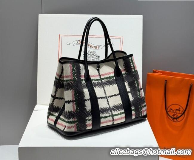 Grade Quality Hermes Garden Party Bag 36cm in Printed Canvas and Calfskin 0414 Black 2026 (Half Handmade)