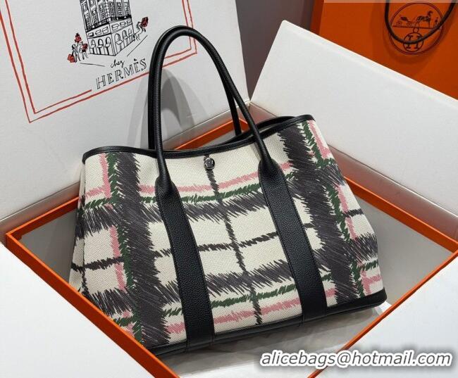 Grade Quality Hermes Garden Party Bag 36cm in Printed Canvas and Calfskin 0414 Black 2026 (Half Handmade)