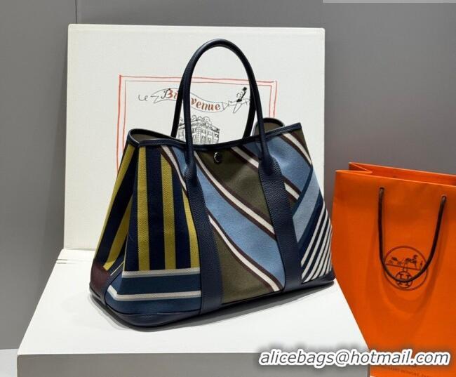 Popular Style Hermes Garden Party Bag 36cm in Printed Canvas and Calfskin 0414 Blue 2026 (Half Handmade)