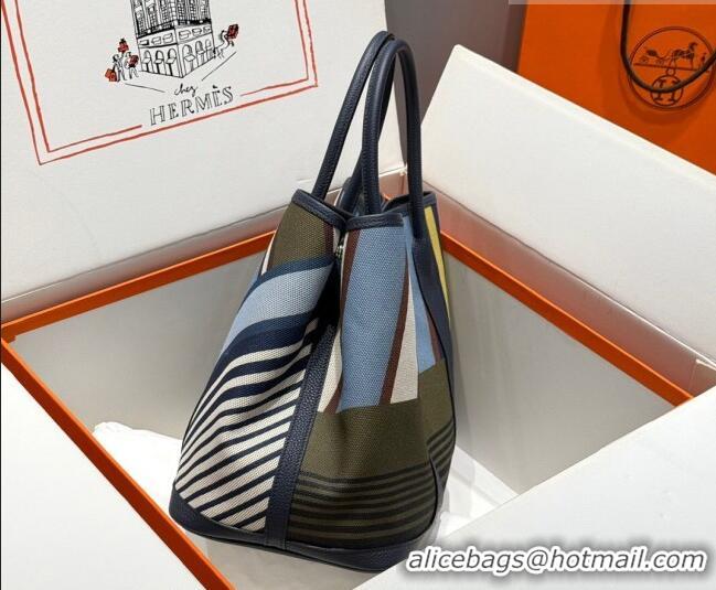 Popular Style Hermes Garden Party Bag 36cm in Printed Canvas and Calfskin 0414 Blue 2026 (Half Handmade)