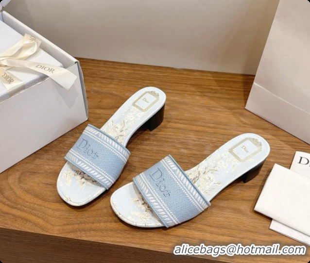 Expensive Dior Dway Heeled Slide in Blue Embroidered Cotton D080309 2026