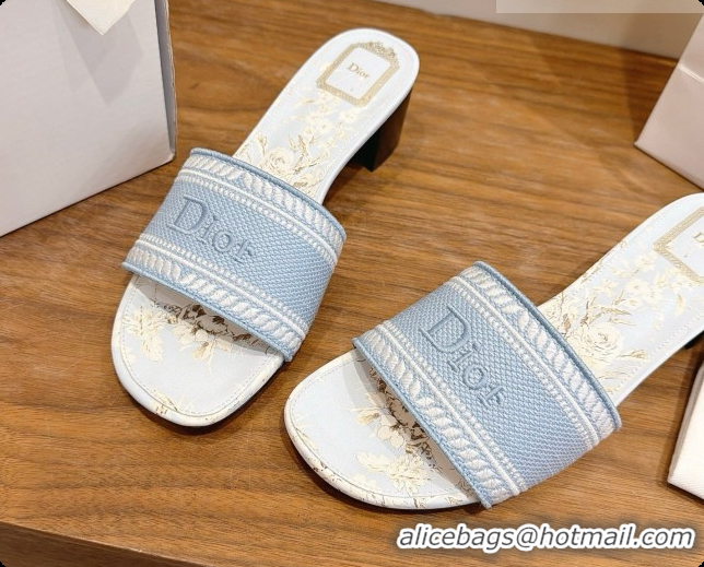 Expensive Dior Dway Heeled Slide in Blue Embroidered Cotton D080309 2026