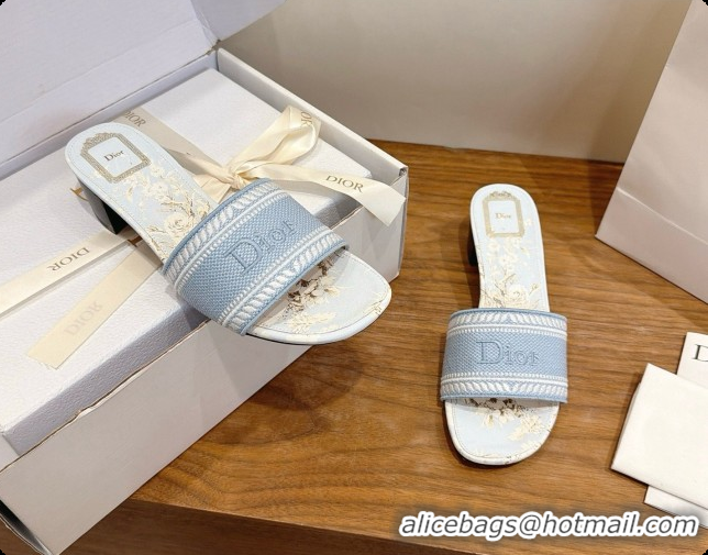 Expensive Dior Dway Heeled Slide in Blue Embroidered Cotton D080309 2026