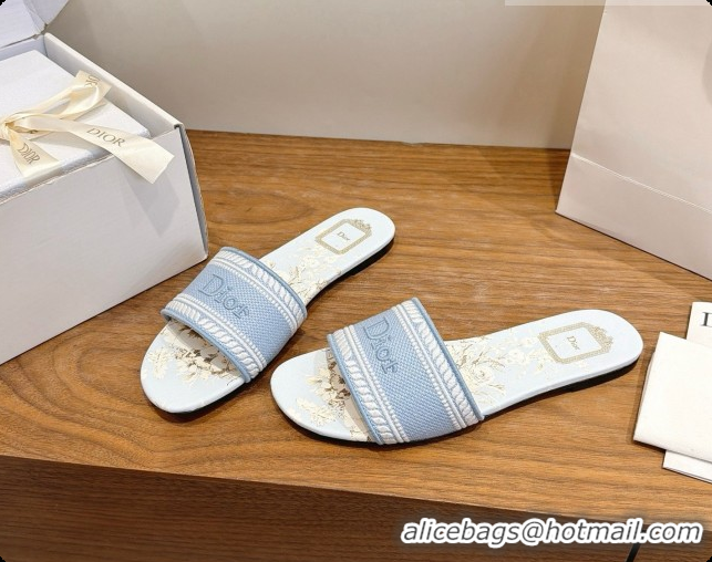 Super Quality Dior Flat Dway Slide in Lily Embroidered Cotton D080314 Blue 2026