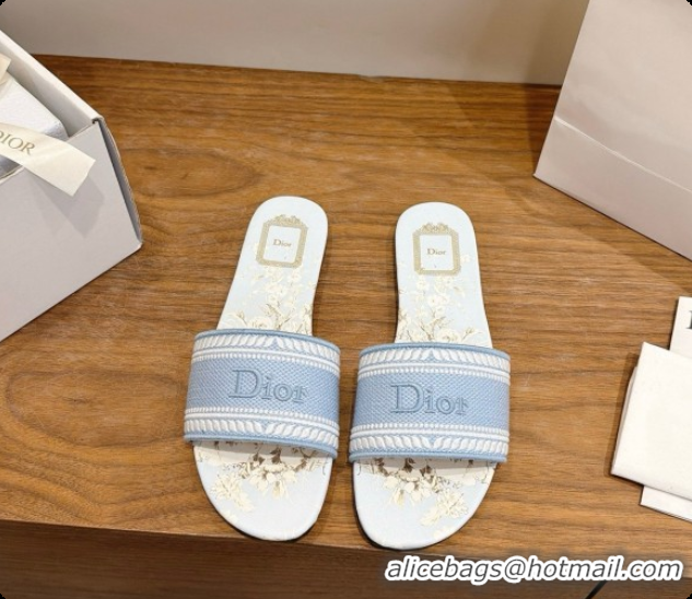 Super Quality Dior Flat Dway Slide in Lily Embroidered Cotton D080314 Blue 2026
