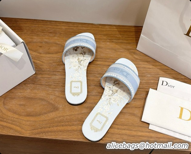 Super Quality Dior Flat Dway Slide in Lily Embroidered Cotton D080314 Blue 2026