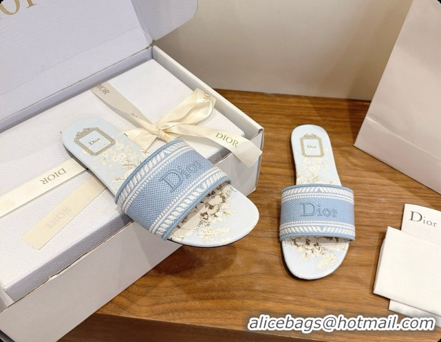 Super Quality Dior Flat Dway Slide in Lily Embroidered Cotton D080314 Blue 2026