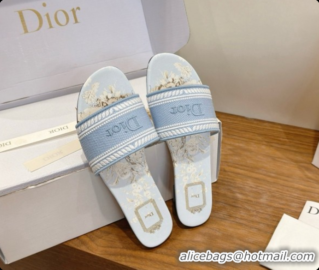 Super Quality Dior Flat Dway Slide in Lily Embroidered Cotton D080314 Blue 2026