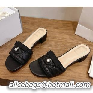 Most Popular Dior Quilted Cannage Lambskin Heeled Slide with Pearl 3.5cm Heel D091124 Black 2026