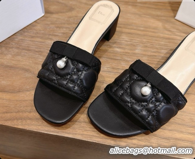 Most Popular Dior Quilted Cannage Lambskin Heeled Slide with Pearl 3.5cm Heel D091124 Black 2026