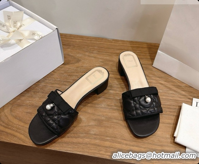 Most Popular Dior Quilted Cannage Lambskin Heeled Slide with Pearl 3.5cm Heel D091124 Black 2026
