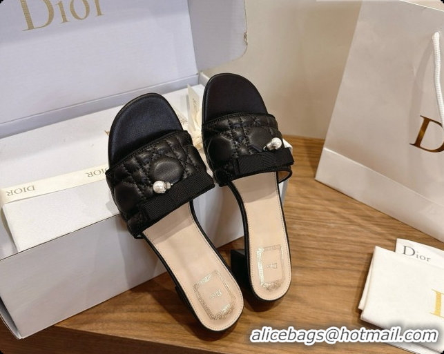 Most Popular Dior Quilted Cannage Lambskin Heeled Slide with Pearl 3.5cm Heel D091124 Black 2026