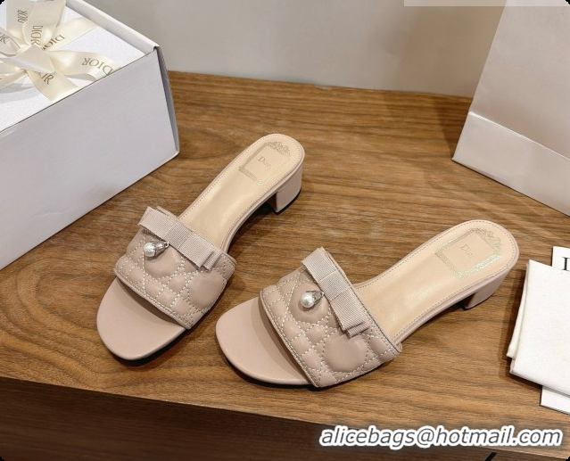 Discount Design Dior Quilted Cannage Lambskin Heeled Slide with Pearl 3.5cm Heel D091125 Beige 2026