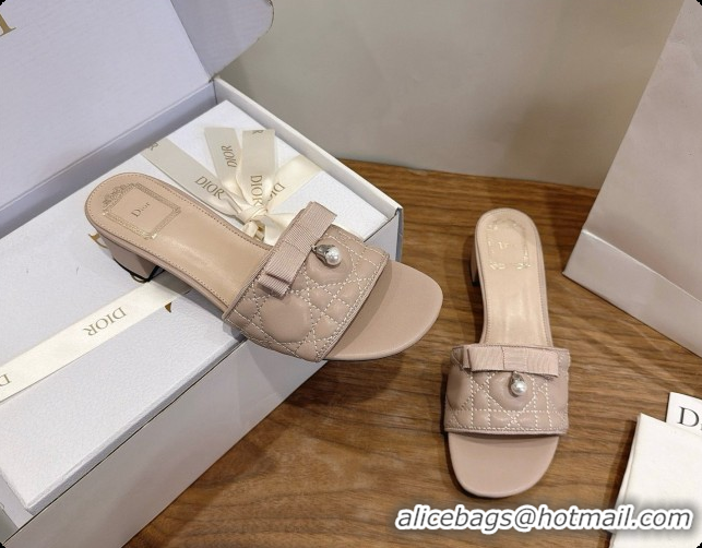 Discount Design Dior Quilted Cannage Lambskin Heeled Slide with Pearl 3.5cm Heel D091125 Beige 2026