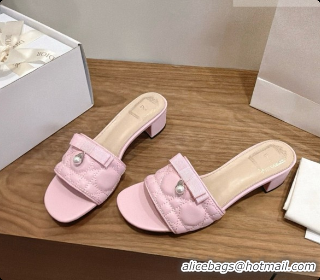 Low Cost Dior Quilted Cannage Lambskin Heeled Slide with Pearl 3.5cm Heel D091126 Light Pink 2026