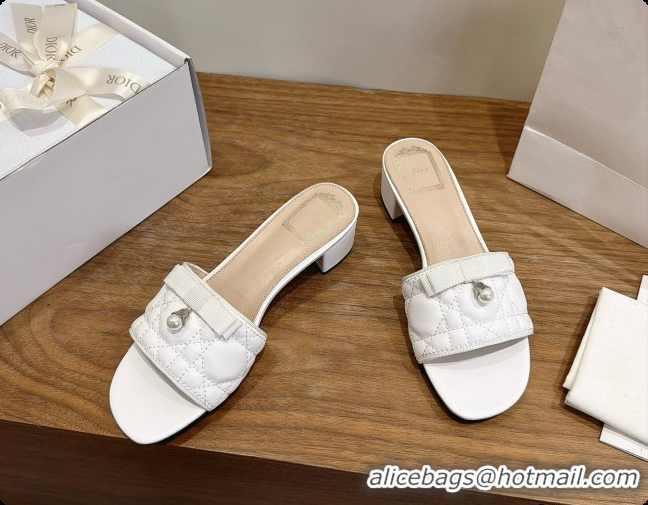 Unique Grade Dior Quilted Cannage Lambskin Heeled Slide with Pearl 3.5cm Heel D091127 White 2026