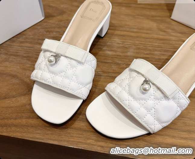 Unique Grade Dior Quilted Cannage Lambskin Heeled Slide with Pearl 3.5cm Heel D091127 White 2026