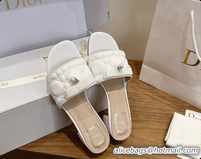 Unique Grade Dior Quilted Cannage Lambskin Heeled Slide with Pearl 3.5cm Heel D091127 White 2026