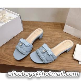 Stylish Dior Quilted Cannage Lambskin Heeled Slide with Pearl 3.5cm Heel D091128 Blue Grey 2026
