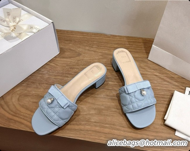 Stylish Dior Quilted Cannage Lambskin Heeled Slide with Pearl 3.5cm Heel D091128 Blue Grey 2026