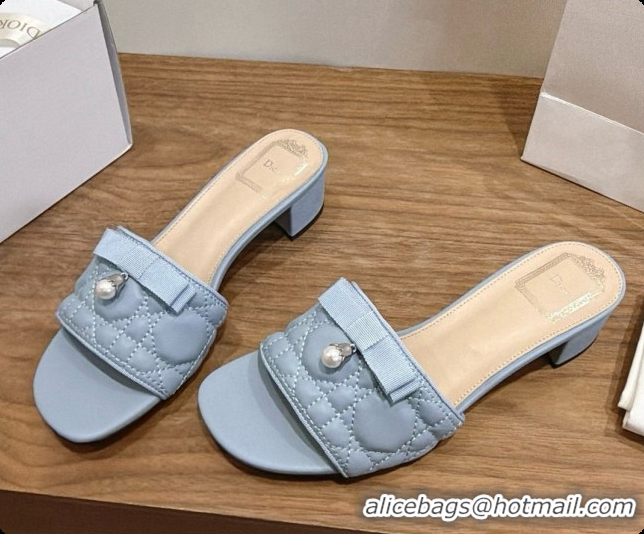 Stylish Dior Quilted Cannage Lambskin Heeled Slide with Pearl 3.5cm Heel D091128 Blue Grey 2026