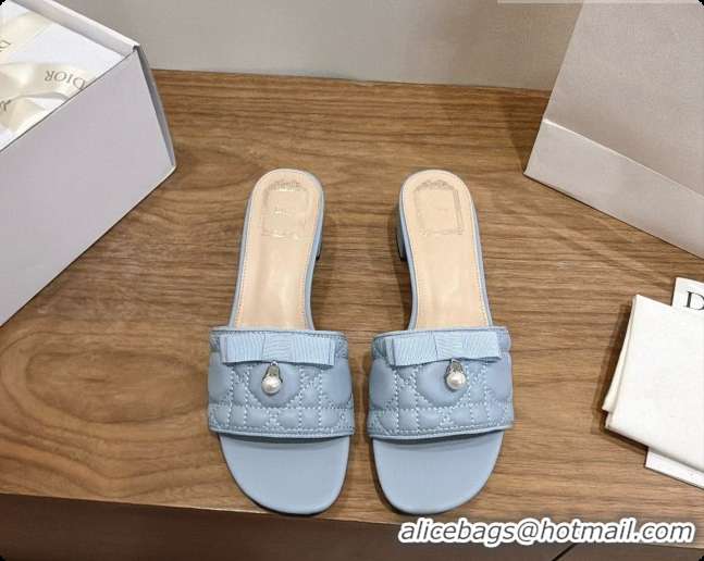 Stylish Dior Quilted Cannage Lambskin Heeled Slide with Pearl 3.5cm Heel D091128 Blue Grey 2026