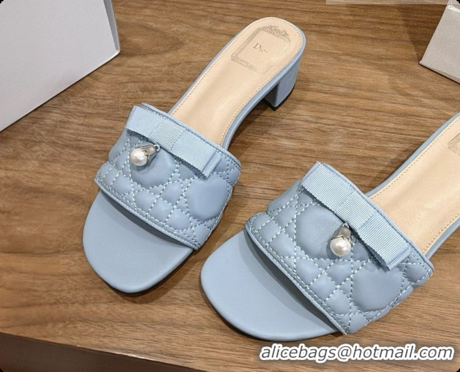 Stylish Dior Quilted Cannage Lambskin Heeled Slide with Pearl 3.5cm Heel D091128 Blue Grey 2026