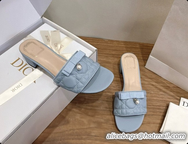 Stylish Dior Quilted Cannage Lambskin Heeled Slide with Pearl 3.5cm Heel D091128 Blue Grey 2026