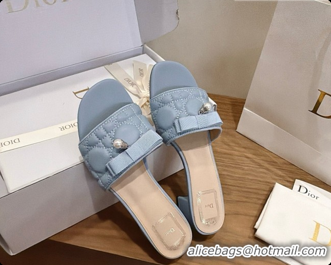 Stylish Dior Quilted Cannage Lambskin Heeled Slide with Pearl 3.5cm Heel D091128 Blue Grey 2026