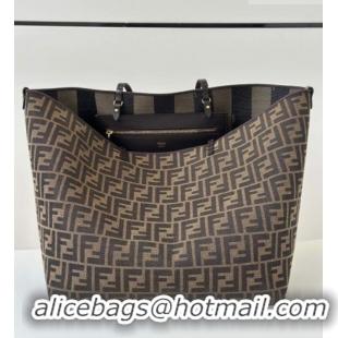 Market Sells Fendi Large Roll Reversible shopper Tote Bag in Tobacco brown FF jacquard and striped Pequin fabric 8661L 2