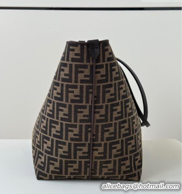 Market Sells Fendi Large Roll Reversible shopper Tote Bag in Tobacco brown FF jacquard and striped Pequin fabric 8661L 2